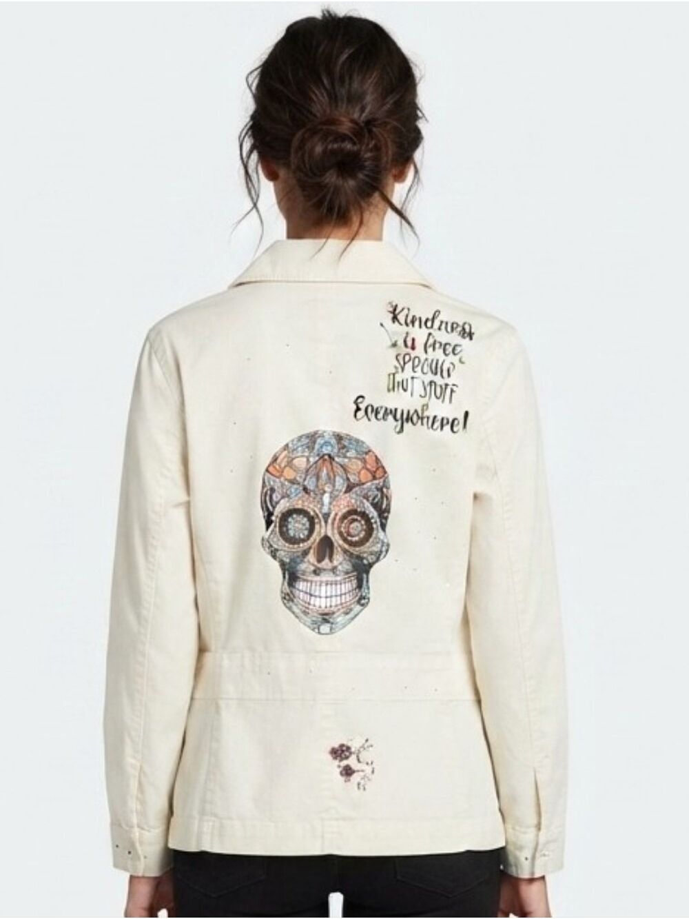 Upcycled Kindness Suggar Skull Large White Summer Jacket Rhinestone DTF Patch